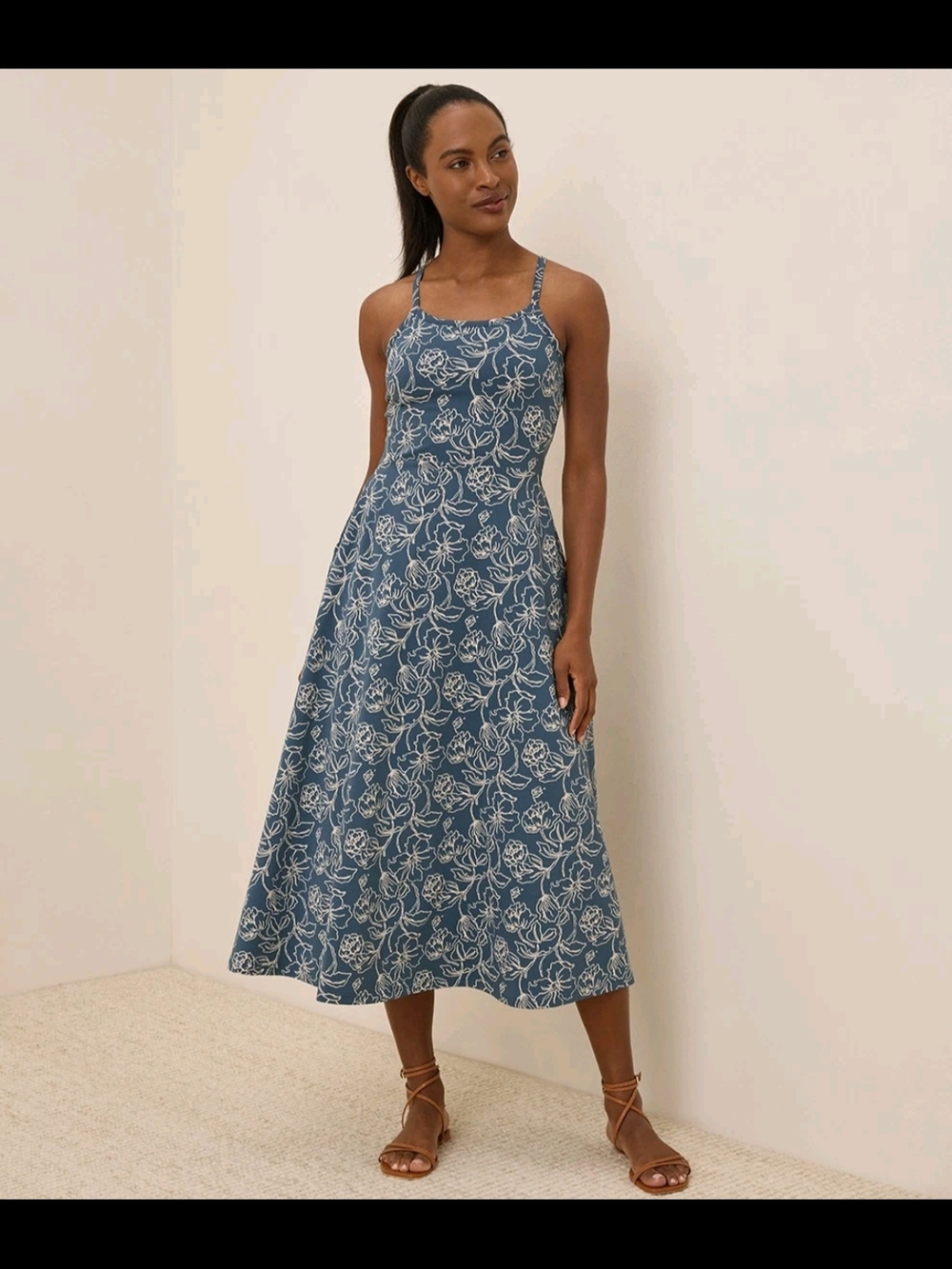 Pact Women's Fit & Flare Midi Dress Medium Regular Organic Blue And White Floral